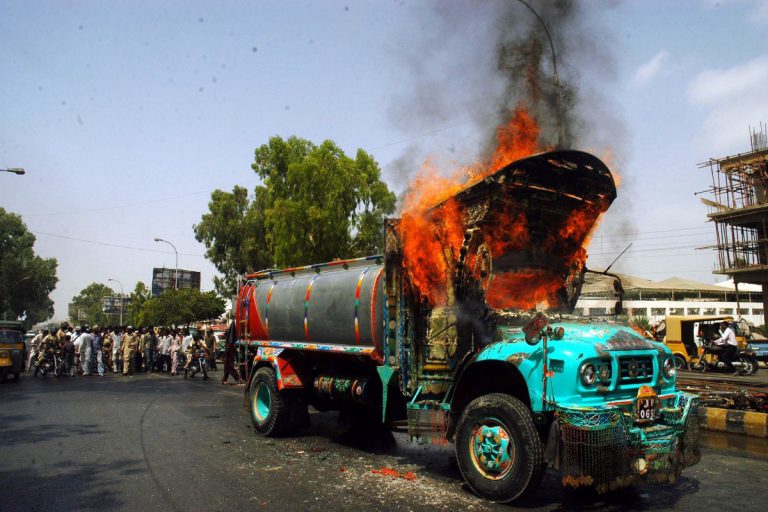 Another water tanker set ablaze in Karachi after road accident