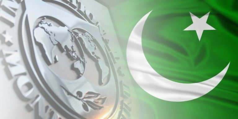An undated image showing the flags of IMF and Pakistan